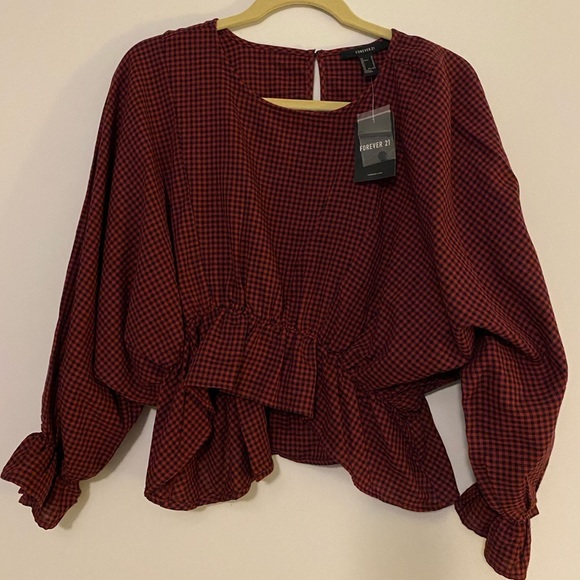 Forever 21 Navy/Red Gingham Flounce Shirt - Picture 4 of 7